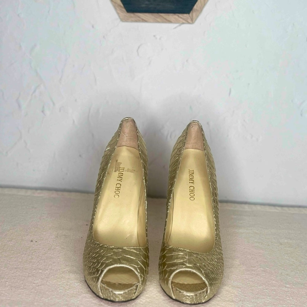 JIMMY CHOO Python gold leather high heel