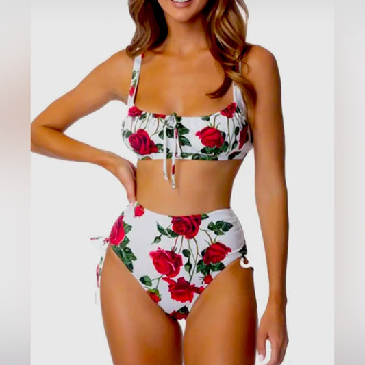 BNWT 2 piece high waist bikini roses