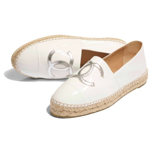 CHANEL white/silver patent leather espadrille