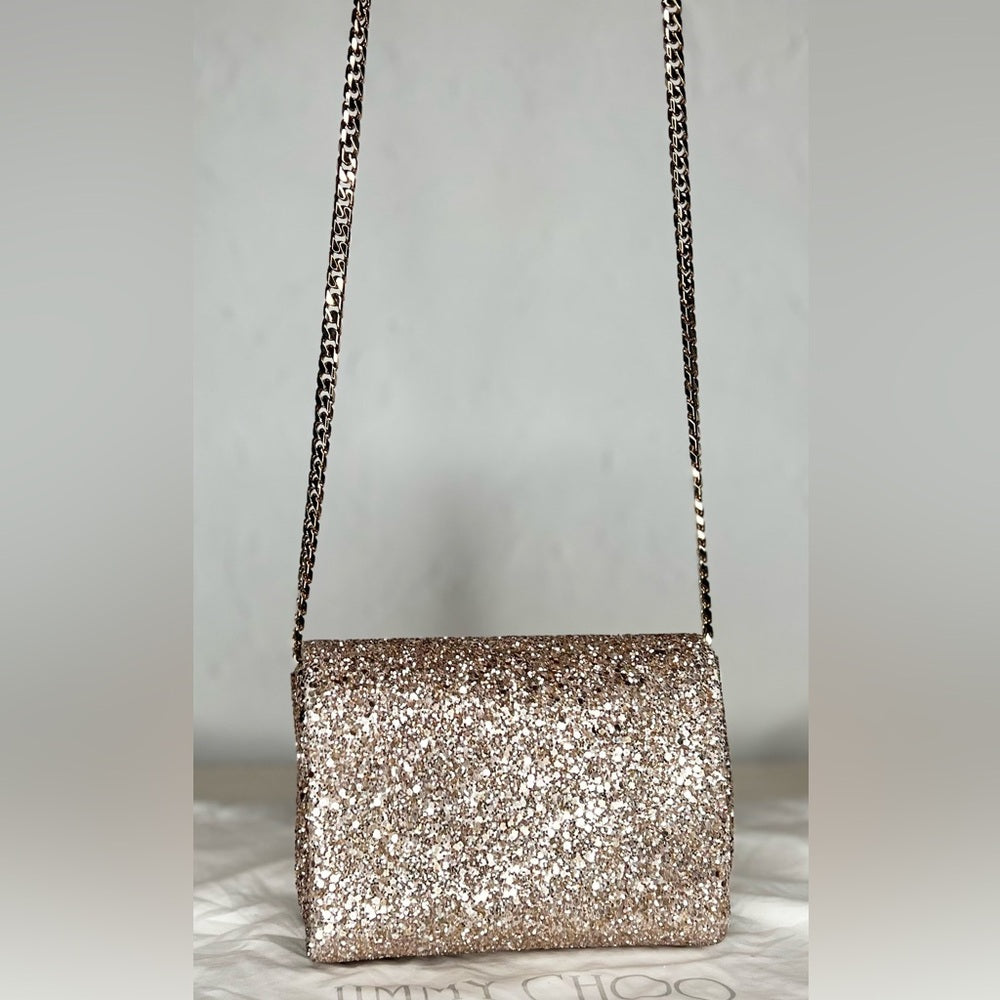 JIMMY CHOO rose gold clutch with chain strap