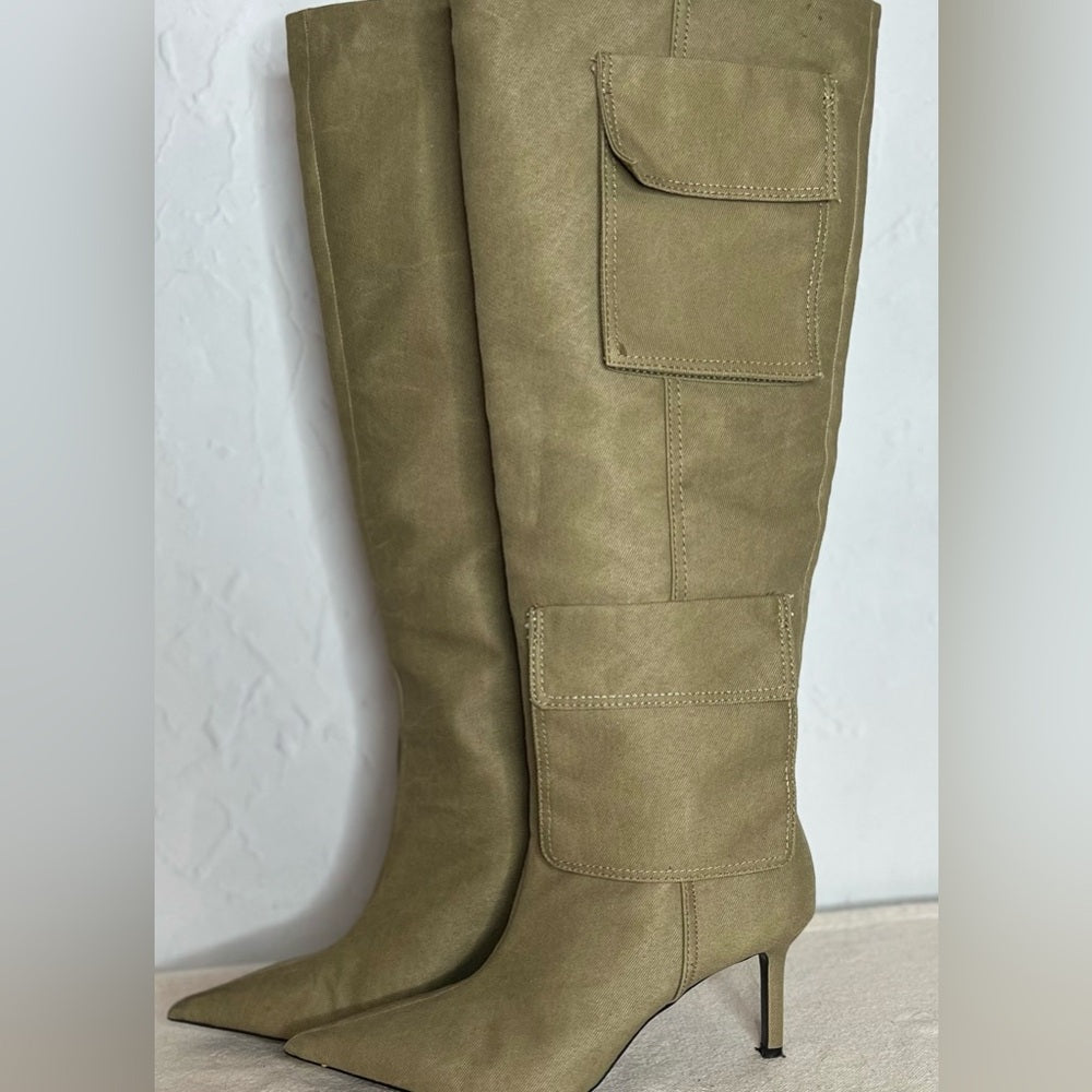 ZARA denim cargo knee high heeled boots