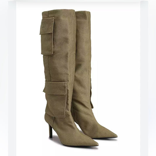 ZARA denim cargo knee high heeled boots