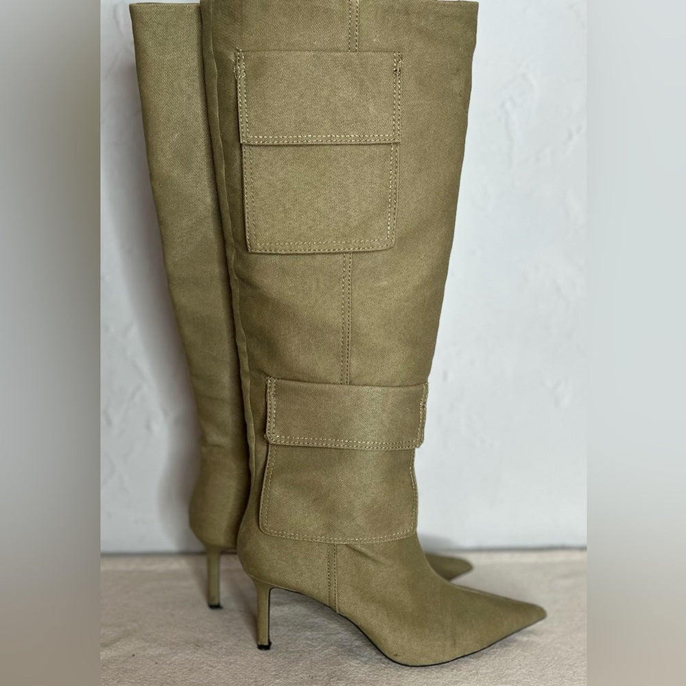 ZARA denim cargo knee high heeled boots